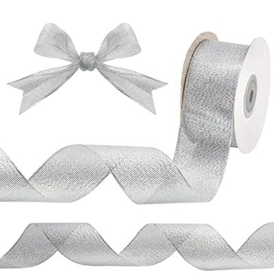 Abbildung von Belle Vous Metallisch Silbernes Schleifenband 23 m Langes &amp; 40 mm Breites Organza Band mit Drahtkanten Glitzerndes Geschenk für Weihnachtsbaum Partydeko, Geschenkverpackungen Basteln