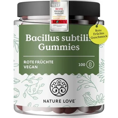 Abbildung von NATURE LOVE® Bacillus Subtilis Gummies 100 Stück Mikrobe des Jahres 2023 aus natürlichen Fruchtsaftkonzentraten 96,5% Fruchtanteil 3 Mrd. KbE pro Tagesdosis vegan, laborgeprüft