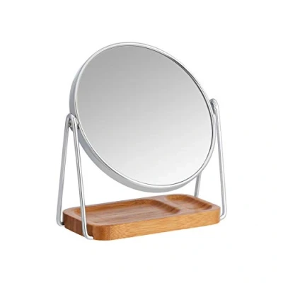 Abbildung von Amazon Basics Rund, Tischplatte Montage Kosmetikspiegel mit rechteckiger Bambus Ablage, Vergrößerung 1 fach/5 fach, Klar, 7.2&quot; x 3.35&quot; 8.39&quot;