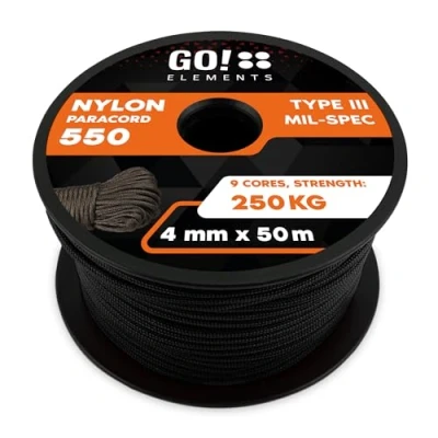 Abbildung von GO!elements 50m Paracord Seil aus reißfester Nylonschnur 4mm 550 Typ III Schnur Allzweckseil &amp; Reepschnur Max. 250kg, Farbe:Schwarz
