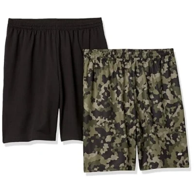 Abbildung von Amazon Essentials Herren Weit geschnittene Performance Funktionsshorts (erhältlich in Big &amp; Tall), 2er Pack, Grün Geometrisches Tarnmuster/Schwarz, L