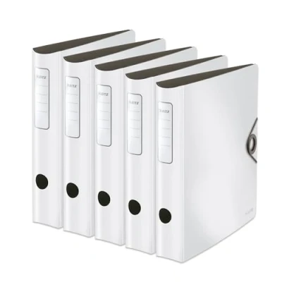 Abbildung von Leitz Qualitäts Ordner 180 Active Solid, 5er Pack, A4, Schmal, Abgerundeter Rücken, 6,5 cm breit, Gummibandverschluss, Leichtes Polyfoam, Plastik Ordner, Weiß, 10481001