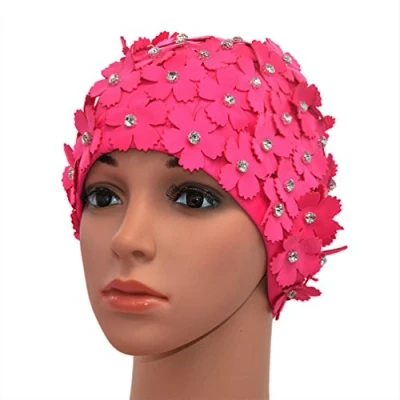 Abbildung von Medifier Handbuch Strass Floral Blütenblatt Retro Stil Schwimmen Gap Badekappen für Frauen Rosenrot