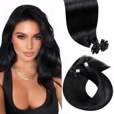 Abbildung von LaaVoo Schwarz Echthaar Extensions mit Keratin Bondings Invisible 50cm #1 Bonding U Tip Pre Bonded 1g/s 50G