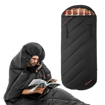 Abbildung von Kingcamp Flanellschlafsack 100 cm breit XXL, Warm Schlafsack mit Reißverschluss für Arme, 3 4 Jahreszeiten Schlafsäcke groß, Erwachsene beim Outdoor Camping, (Schwarz)
