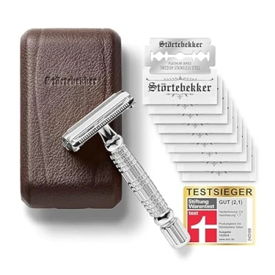 Abbildung von Störtebekker® Premium Rasierhobel &quot;Hamburg&quot; im handgefertigten Leder Etui Rasier Set mit 10 Rasierklingen, Reise &amp; eingebautem Spiegel Nassrasierer Vintage Look 2 seitigem Klingenkopf