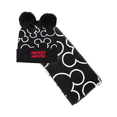 Abbildung von Disney Unisex Mickey Mouse Bobble Beanie &amp; Scarf Gift M tze Schal Handschuh Set, Schwarz (Black Black), Einheitsgröße EU