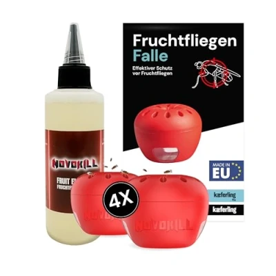 Abbildung von Novokill Fruchtfliegenfalle für Küche wiederverwendbar 4X Obstfliegenfalle mit 1X Lockstoff Bis zu 100 Tage Schutz Effektive Fliegenfalle Fruchtfliegen Fruit Fly Trap