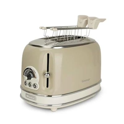 Abbildung von Ariete Vintage 155, 2 Scheiben Toaster, Retro Toaster mit 6 Toaststufen, Automatischer Auswurf, Auftaufunktion, Herausnehmbares Krümelfach, Gehäuse aus Edelstahl, Sandwichzangen, 810W, Beige