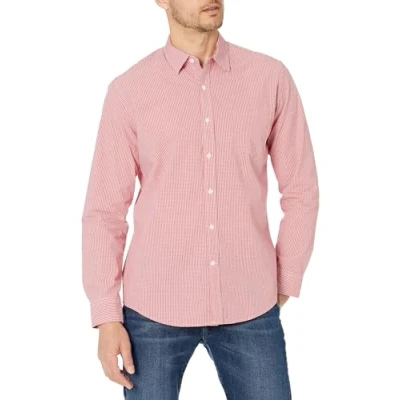 Abbildung von Amazon Essentials Herren Lässiges langärmeliges Popeline Hemd Normale Passform, Rot Vichy Muster, XXL