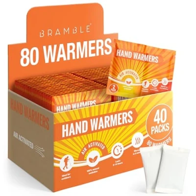 Abbildung von BRAMBLE 40 Paar Einmal Handwärmer (80 Stück) für Handschuhe (8h Wärme unterwegs) 100% Natürliche Taschenwärmer Wärmepads Wärmekissen Hände