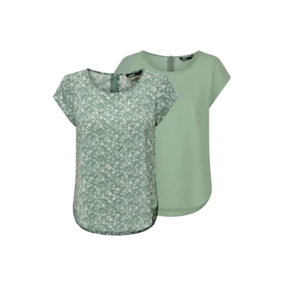 Abbildung von ONLY Damen Top ONLVIC 2er Pack Basic Shirt Rundhals Regular Fit Bluse Kurzarm Oberteil Reißverschluss Muster Sommer Grün 40, Größe:40, Farbe:Lily Pad (15284243)
