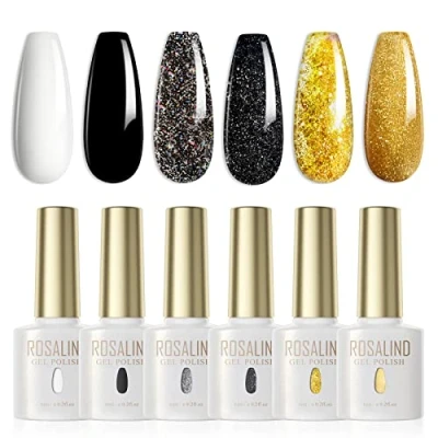 Abbildung von ROSALIND UV Nagellack Set Glitzerfarbe 6 Farben Weiß Schwarz Glitzer Grau Gold Gel Farbgel Für Gelnägel Soak Off Nail Polish Lampe