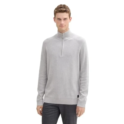 Abbildung von TOM TAILOR Herren Troyer Strickpullover aus Baumwolle, 15398 Light Stone Grey Melange, XL
