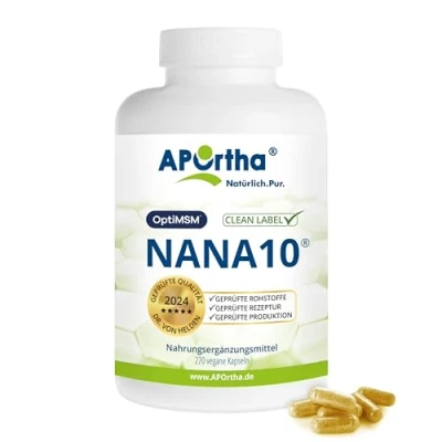 Abbildung von APOrtha® NaNa10 270 vegane Kapseln, Rezeptur von Dr. Helden mit 10 Komponenten, Vitamin C und Magnesium sowie L Glycin, Kapseln für 30 Tage, glutenfrei, allergenfrei, laktosefrei