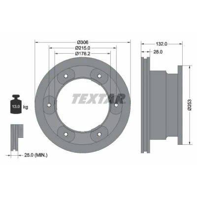 Abbildung von TEXTAR PRO 93177703 Bremsscheibe 306 28 06/06 215 innenbelüftet beschichtet ohne Radbefestigungsbolzen, Radnabe IVECO: DAILY 4 Kasten/Kombi