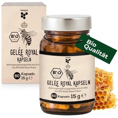 Abbildung von beegut BIO Gelée Royal Kapseln, 60 Kapseln mit je 170mg Gelee Pulver (gefriergetrocknet), nachhaltige Verpackung