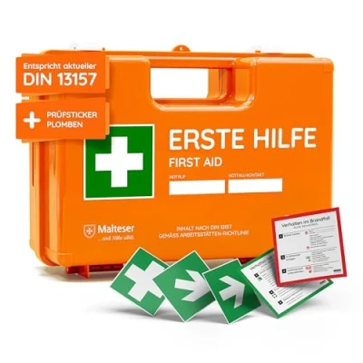 Abbildung von Erste Hilfe Koffer nach neuer DIN 13157:2021 Gefüllt, inkl. Wandhalterung, 5x Aufkleber, Prüfsticker &amp; 3x Plomben Kasten/Verbandkasten für Betriebe, Unternehmen, Büro Zuhause
