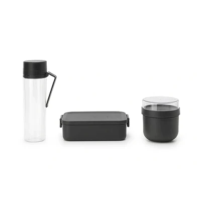 Abbildung von Brabantia Make &amp; Take Set Frühstück Mittag 3er Set: Trinkflasche 0.5L, Frühstücksschüssel 0.5L Brotdose Medium Platz für Sandwiches Auslaufsicher Spülmaschinenfest Dark Grey