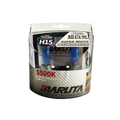 Abbildung von MARUTA SUPER WHITE H15 12V 55/15W Halogenlampe für Fernlicht &amp; Tagfahrlicht, 5500K Xenon Effekt, langlebige Gas Birne mit hochwertigem Quarzglas Straßenzulassung (ECE Prüfzeichen)