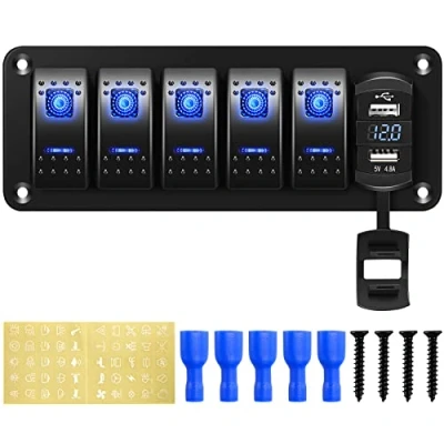 Abbildung von 12V/24V Schalter Panel Schaltpanel, Dual USB Ladegerät 4.8A LED Voltmeter, Zigarettenanzünder 5 Kippschalter EIN/AUS zum Auto Marine für Pkw Lkw Boot Anhänger Wohnmobil UTV ATV