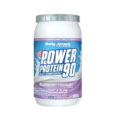 Abbildung von Body Attack POWER Protein 90 Blueberry Yoghurt 1kg Dose Mehrkomponenten Pulver, Made in Germany Mit BCAA, Vitaminen &amp; L Carnitin Shake extra cremiger Geschmack