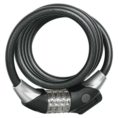 Abbildung von ABUS Spiralkabelschloss Raydo Pro 1450/185 + TexKF Halterung Zahlenschloss mit beleuchteten LED Zahlenwalzen Sicherheitslevel 4 185 cm, Schwarz