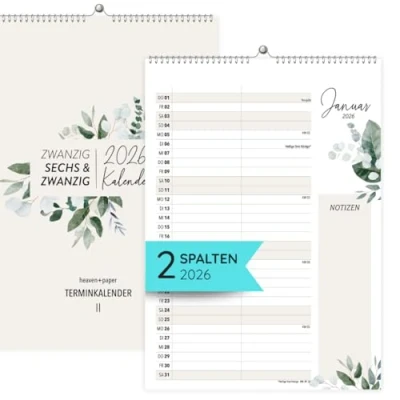 Abbildung von heaven+paper Kalender 2026 Wandkalender 2 Spalten Paarkalender im natürlichen Eukalyptus Design Single für zwei zum aufhängen mit Blumen Made in Germany
