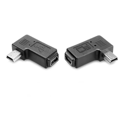 Abbildung von 2 um 90 Grad nach links und rechts abgewinkelte Mini USB Stecker, 5 poliger Stecker zu Buchse Verlängerungsadapter von CY