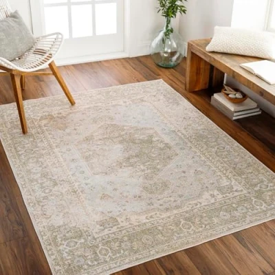 Abbildung von Surya Livabliss Al Khor Teppich waschbar in der Waschmaschine Vintage Groß für Wohnzimmer 160x213 cm, Schlafzimmer, Küche Orientalischer Boho Teppiche, Beige, Elfenbein