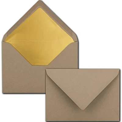 Abbildung von Kuverts Cappuccino 10 Stück Brief Umschläge DIN C6 114 x 162 mm 11,4 16,2 cm Naßklebung matte Oberfläche &amp; Gold Metallic Fütterung ohne Fenster für Einladungen