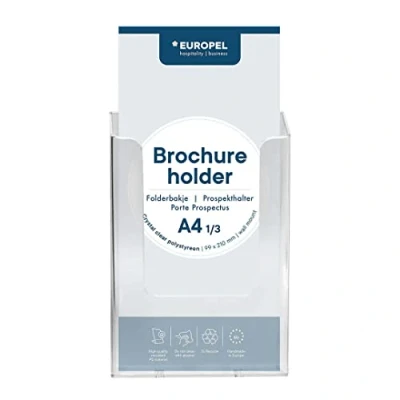 Abbildung von Europel Broschürenhalter zur Wandmontage, für 1/3 A4 Format, transparenter Acryl Prospektständer und spender, Broschüren Flyer Menüanzeige spender Büro, Restaurants Empfang, Hochformat