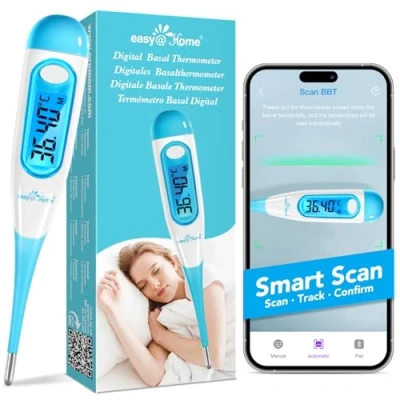 Abbildung von Easy@Home Basalthermometer Fruchtbarkeitsthermometer Ovulationstest zur Zykluskontrolle und Eisprung Tracking mit Premom APP, Digitales Thermometer blauer Hintergrundbeleuchtung LCD Anzeige