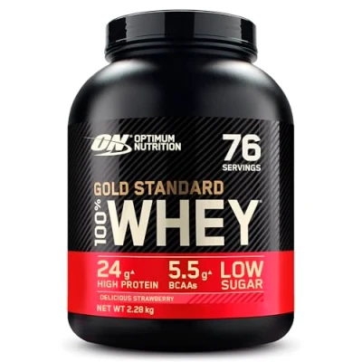 Abbildung von Optimum Nutrition Gold Standard 100% Molkenproteinpulver für Muskelaufbau und regeneration mit natürlich vorkommendem Glutamin BCAA Aminosäuren, Delicious Strawberry, 76 Portionen, 2,28 kg