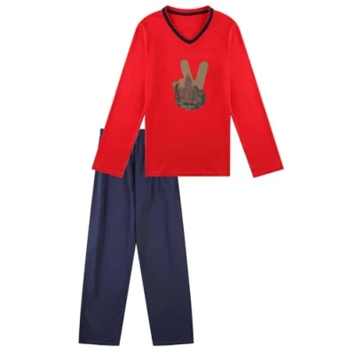 Abbildung von in One Clothing Jungen Schlafanzug lang, weicher Single Jersey aus 100% Baumwolle rot mit Victory Motiv Grösse 164