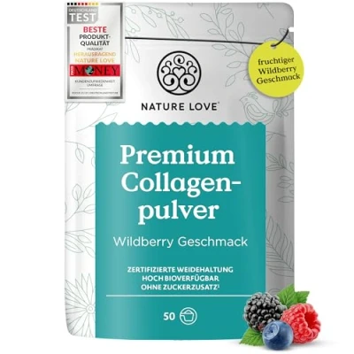 Abbildung von NATURE LOVE® Premium Collagenpulver 500g Wildberry Geschmack Kollagen von Rindern aus Weidehaltung hoch bioverfügbar, ohne Zuckerzusatz &amp; Süßungsmittel laborgeprüft, in Deutschland produziert
