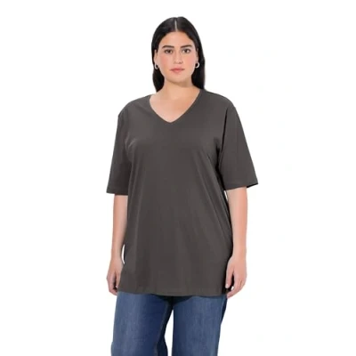 Abbildung von Ulla Popken Damen T Shirt, V Ausschnitt, Relaxed, Halbarm, schwarz, 46/48