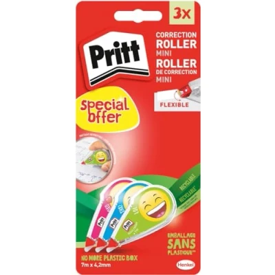 Abbildung von PRITT Korrekturroller MINI EMODJI, 3er Pack, sofortiges Nachschreiben, ultra sauberes Ergebnis 3 x 7 m Band, dünne Breite 4,2 mm