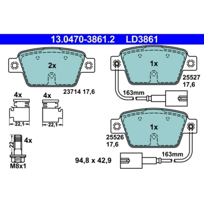 Abbildung von ATE 13.0470 3861.2 Bremsbelagsatz inkl. Verschleißwarnkontakt mit Bremssattelschrauben Zubehör FIAT: Stilo Hatchback, BRAVO 2, Multi Wagon