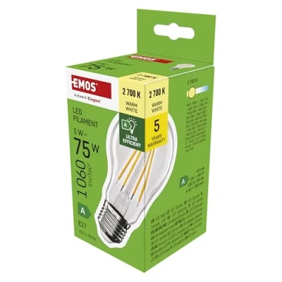 Abbildung von EMOS LED Lampe Edison A60, 5W Ersatz für 75W Glühbirne, A Klasse Vintage Birne mit E27 Sockel, Helligkeit 1060 lm, Warmweiß 2700 K, extra lange Lebensdauer 50000h, CRI min. 80, 300 Abstrahlwinkel