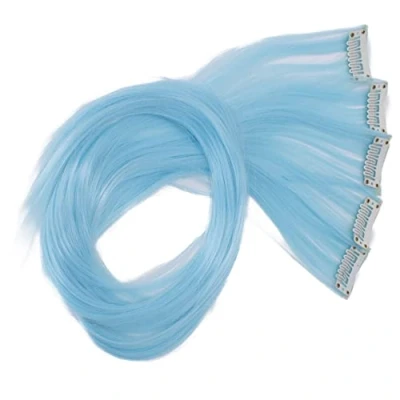 Abbildung von CAISHA 5 Teile Set 60cm Bunte Strähne Strähnchen Clip in Extension Haarverlängerung Glatt Langhaar Haarteil Babyblau BST109