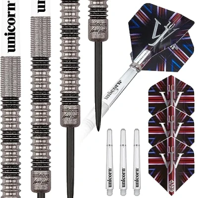 Abbildung von Unicorn 90% Tung 22 g Dart Set, James Wade, Premier, 90/70% Wolfram, Stahlspitze &amp; Softspitze, 18g bis 24g, Silber/Gelb
