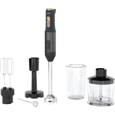 Abbildung von Sencor Stabmixer Multifunktional 6 in 1, 1200W, mit Doppelquirl, Zerkleinerer &amp; Milchaufschäumer, Kartoffelpresse, QuadBlade Klingen aus Titan, Stufenlose Geschwindigkeitskontrolle, Elegantes, Schwarz