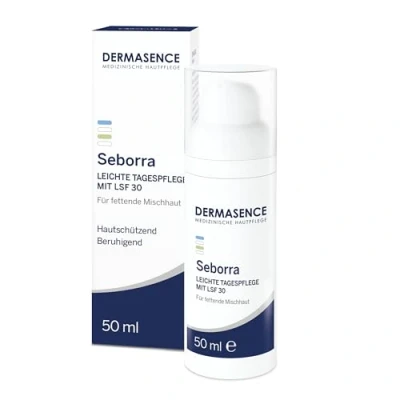 Abbildung von DERMASENCE Seborra Leichte Tagespflege mit LSF 30, 50 ml Tagescreme bei unreiner Haut, schützt vor UV Strahlen, ideal Neigung zu Mallorca Akne, ohne Parfüm, beruhigend, fettfrei, vegan