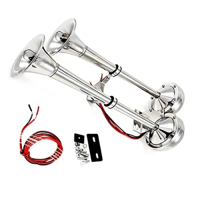 Abbildung von YIYIDA Autohupe Car Horn 24v Bootshupe Edelstahl 160DB Doppelrohrhupe Elektrische Hupe Silber LKW 304 super laute Autolautsprecher Lufthupe geeignet für Boot Auto Yacht RV Motorrad etc