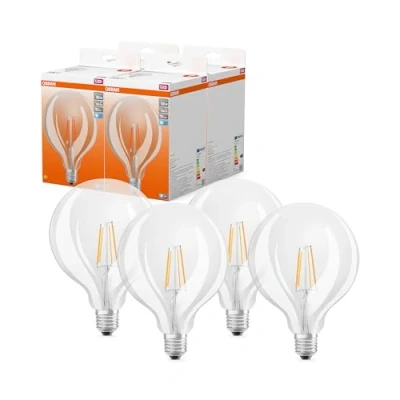 Abbildung von Osram LED Star Globe Lampe in klassischer Ballform, 7 W / 806 lm, 4000 K für kaltweißes Licht, CRI 80, klares bleifreies Glas, E27 Sockel, IP20, EEK E, 125mm DM,4 Pack
