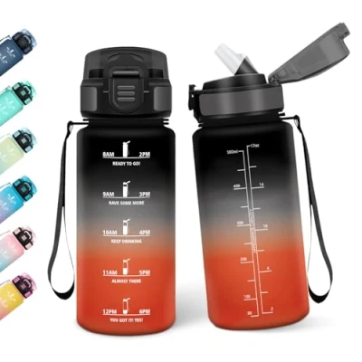 Abbildung von Motswedi Trinkflasche mit Strohhalm, 500ml BPA Frei, Auslaufsicher, Wasserflasche, Kohlensäure Geeignet, Trinkflaschen, für Schule, Outdoors, Schwarz und Rot
