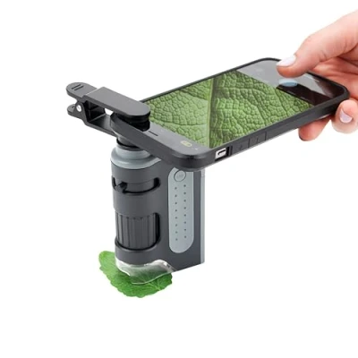 Abbildung von Carson MicroBrite Pro 60x 120x LED Taschenmikroskop mit asphärischem Linsensystem und Smartphone Adapterclip (MM 350)