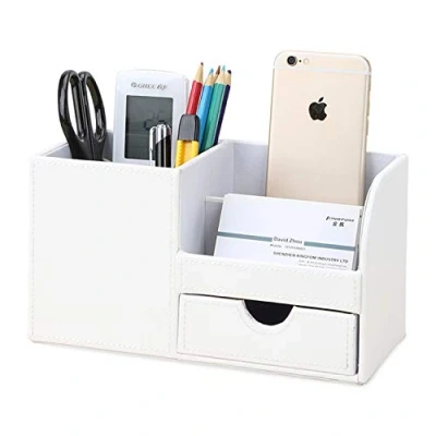 Abbildung von KINGFOM Büro Schreibtisch Organizer Ordnungssystem 4 Speicherabteil PU Leder Stiftebox Stifteköcher Bürobedarf (Weiß)