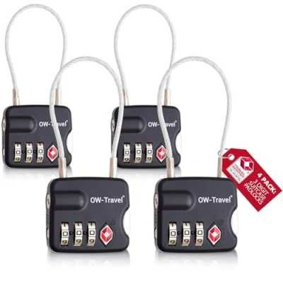 Abbildung von OW Travel Kabelschloss 3 Stellig Zahlenschloss Kofferschloss Vorhängeschloss Gepäckschloss Sicherheitsschloss TSA Lock Cable USA Schloss Zahlencode für Reisekoffer Spind Rucksack Luggage:4 Schwarz